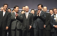 Klaus Schwab (centre), Founder and Executive Chairman, World Economic Forum, at the close of the Inaugural Annual Meeting of the New Champions